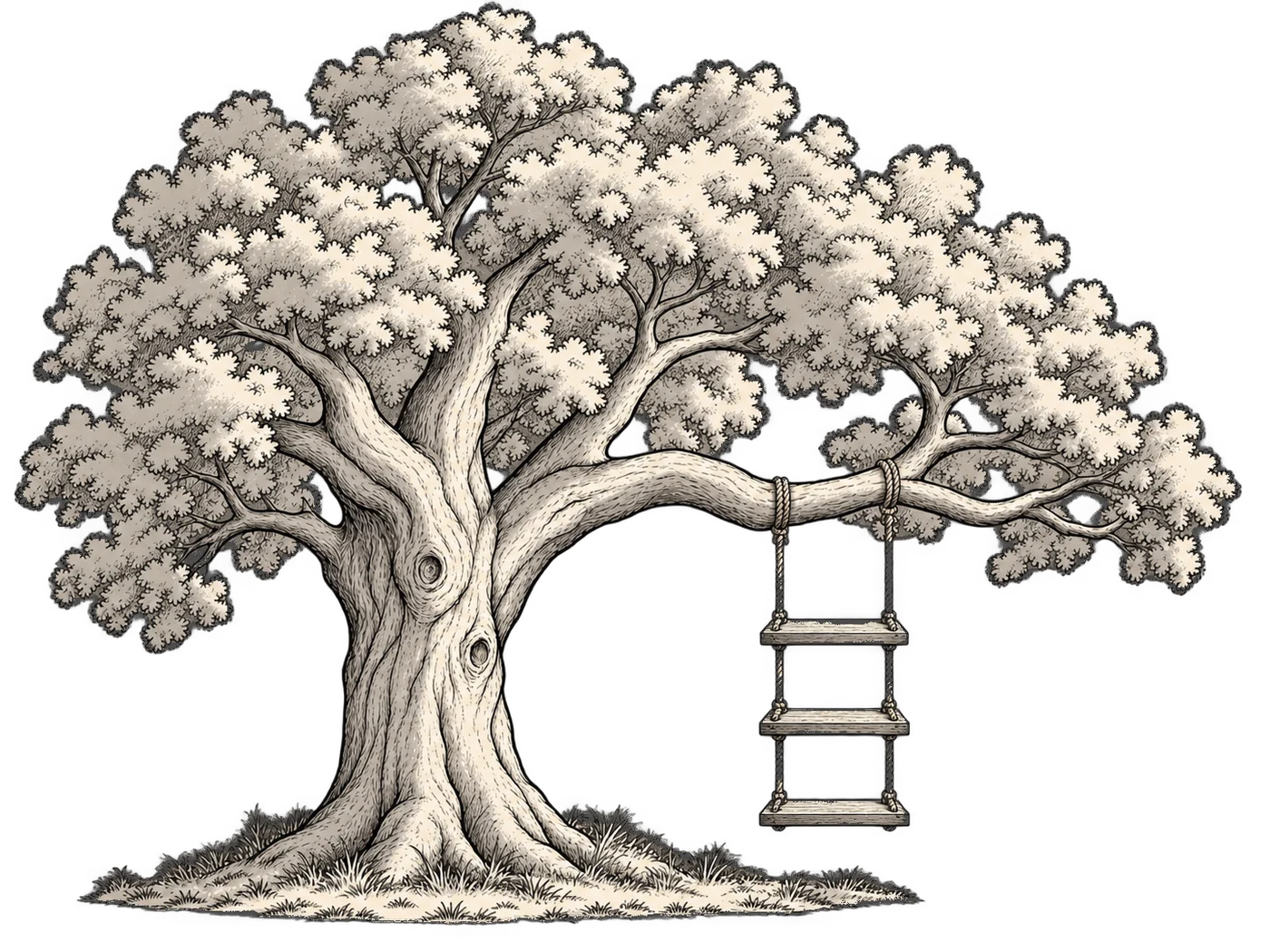 A tree with three swing seats stacked on top of each other